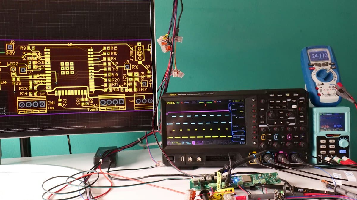 Oscilloscope and PCB layout on a monitor at an electronics bench